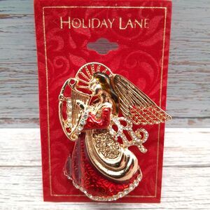 Holiday Lane Christmas Angel brooch Red Enamel Gold-Tone Lapel Pin